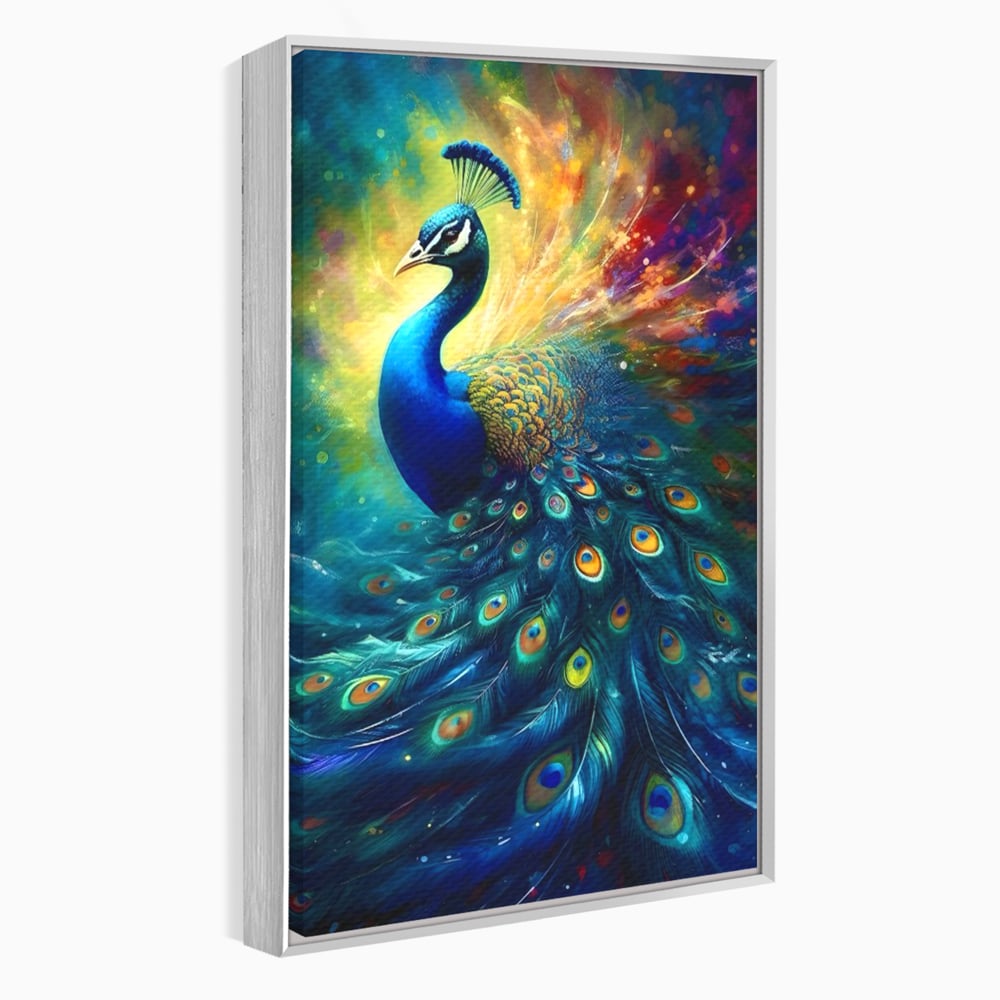 Tablou canvas cu tablou canvas cu paun colorat, in rama de aluminiu argintiu